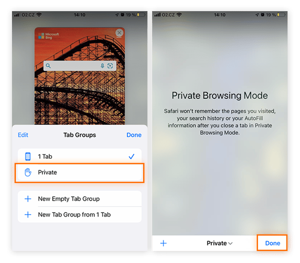 Opening a Private mode tab in Safari for iPhone or iPad.