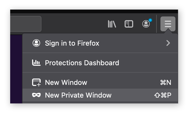 Opening a private browsing window in Mozilla Firefox.