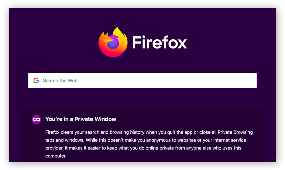 A página inicial do modo de navegação privada do Mozilla Firefox.