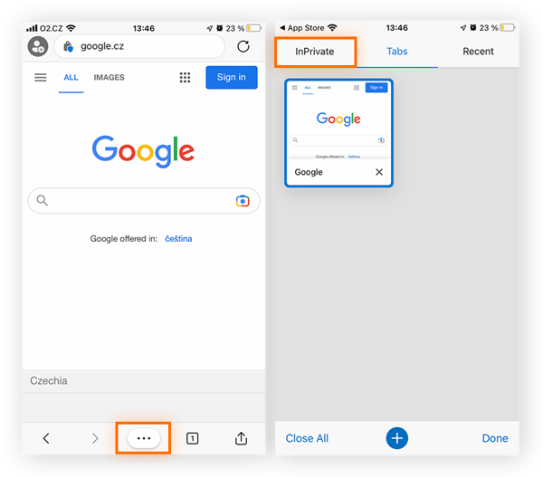 Navigating to InPrivate mode within Microsoft Edge for mobile.