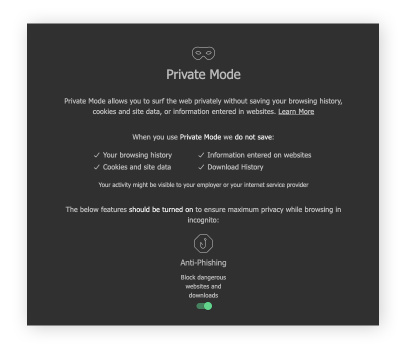 La página para acceder al Modo Privado en Avast Secure Browser.