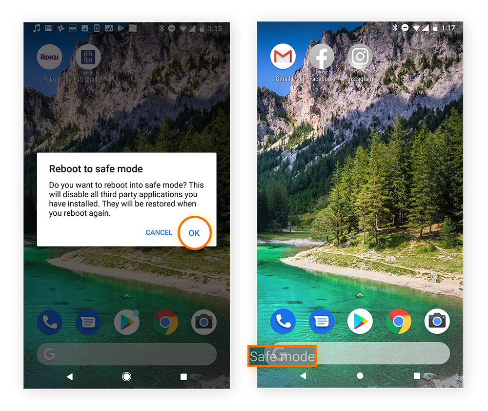 Teléfono Android a punto de reiniciarse en modo seguro con la opción «Aceptar» resaltada