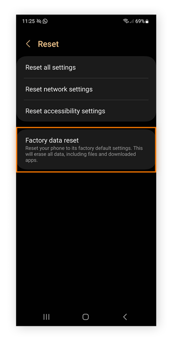 Confirming a Factory data reset on Android.