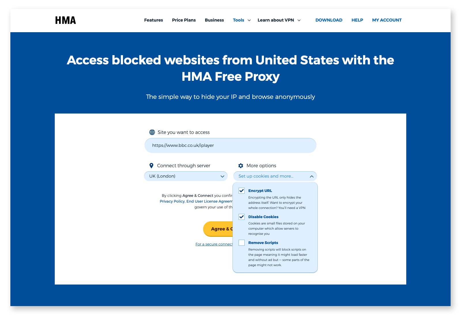 With the HMA proxy, you can unblock some sites from home, school, or work.