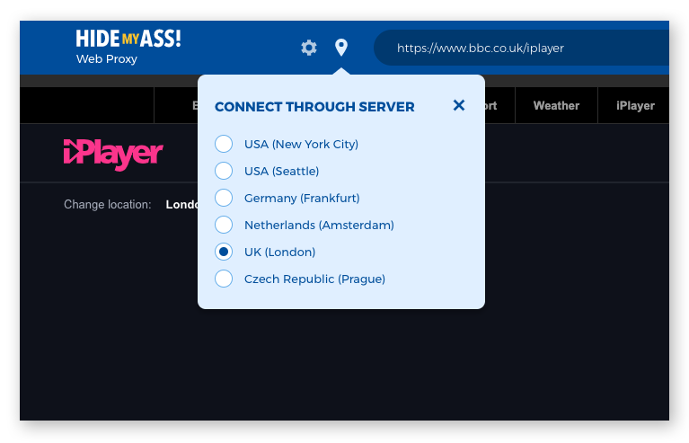 Mit dem HMA-Web-Proxy können Sie Ihren Standort anhand von verschiedenen Optionen maskieren, um Inhaltsbeschränkungen zu umgehen.