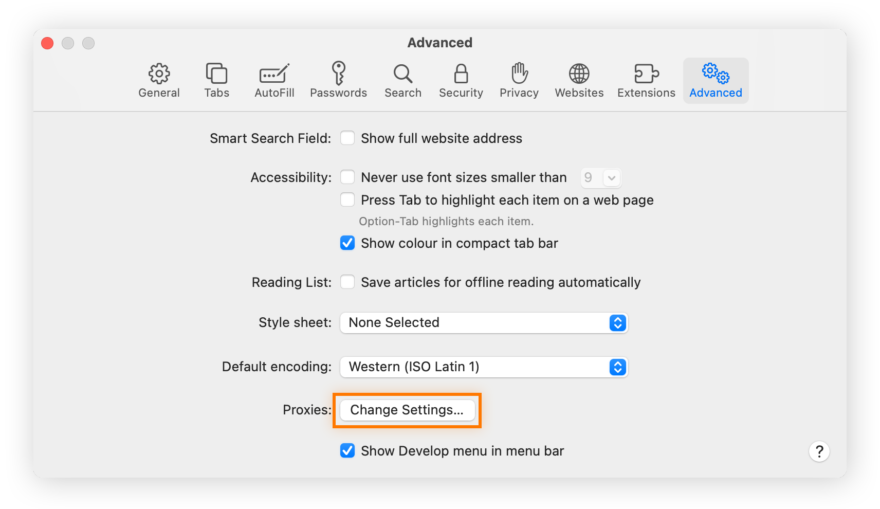The advanced settings menu within Safari Preferences.