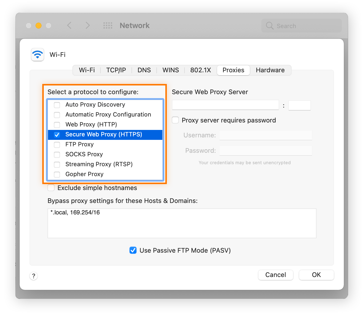 Selecting a protocol to configure within Safari proxy settings.