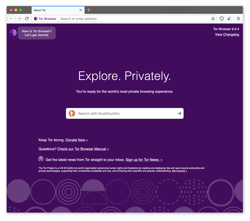 Aquí está el navegador Tor, que se abre al motor de búsqueda de Duck Duck Go de manera predeterminada