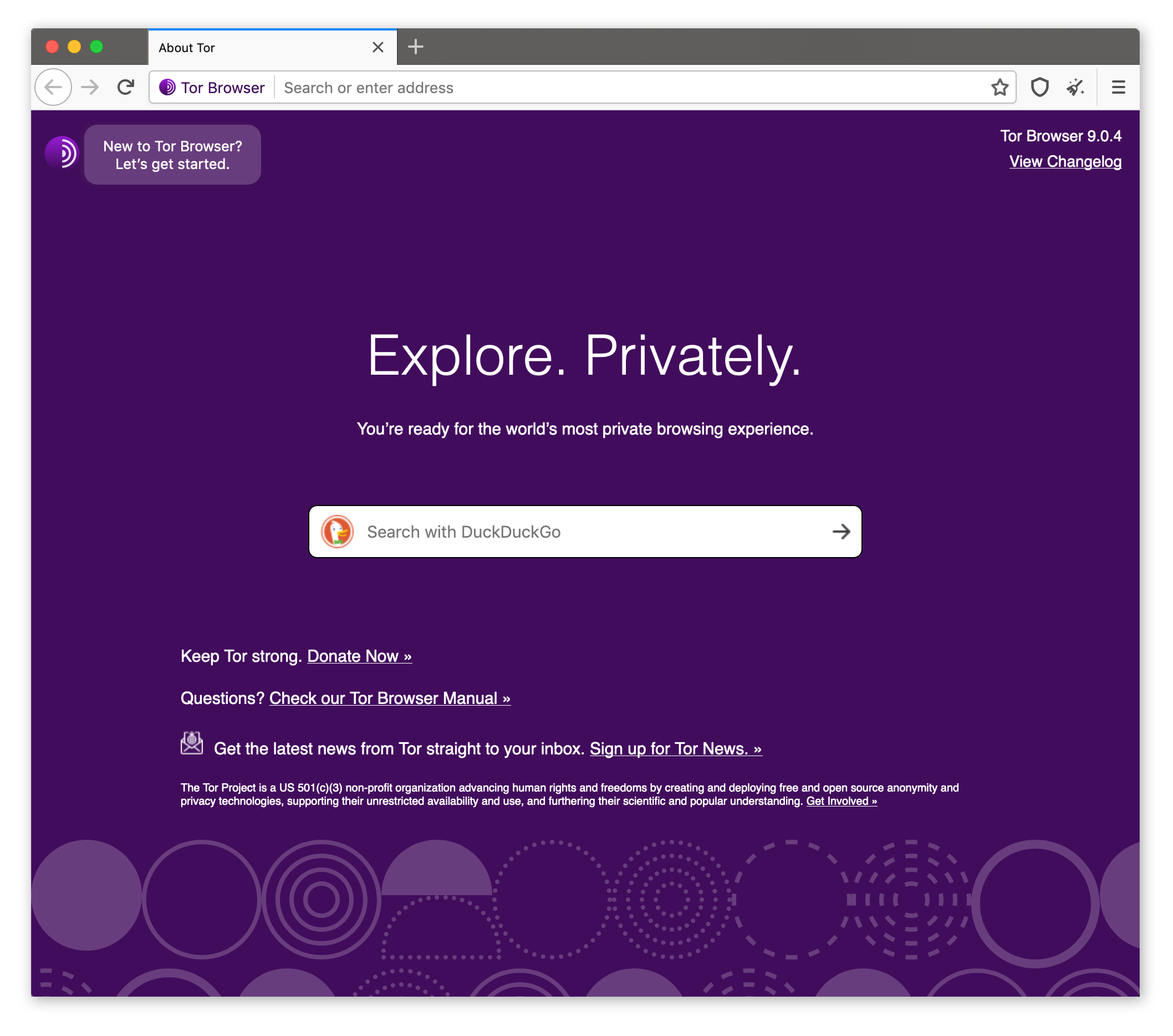 Dies ist der Tor Browser, der auf der Startseite standardmäßig die Suchmaschine „Duck Duck Go“ anzeigt.