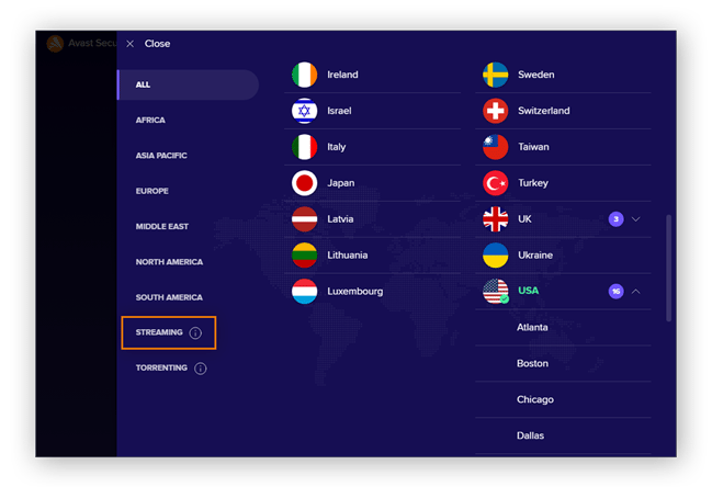 Avast SecureLine VPN ofrece muchas opciones de ubicación para el streaming más fiable.