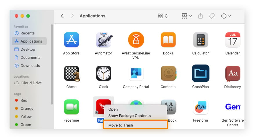 Delete apps on Mac by selecting the app and choosing Move to Trash.
