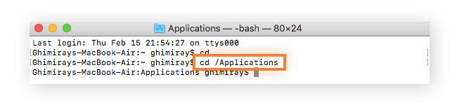  Navigating to an app's directory using the "cd/ Applications" command in Terminal on macOS Sonoma.