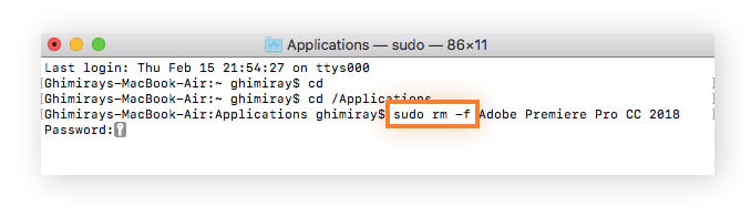 Deleting an app using the "sudo rm -f" command in Terminal on macOS Sonoma.