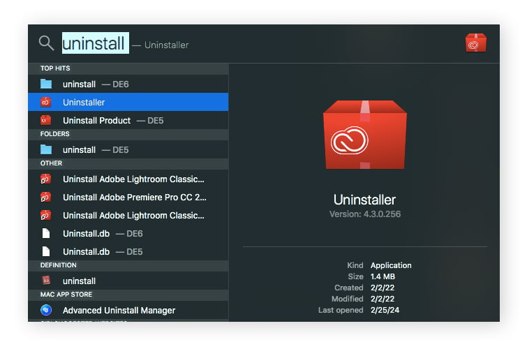Accessing uninstallers using Spotlight on macOS Sonoma.