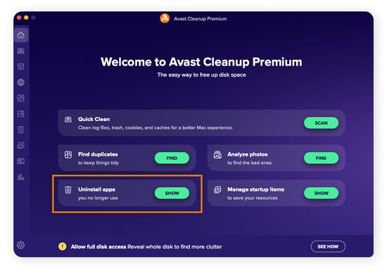 On the Avast Cleanup homescreen, click Show next to Uninstall apps.