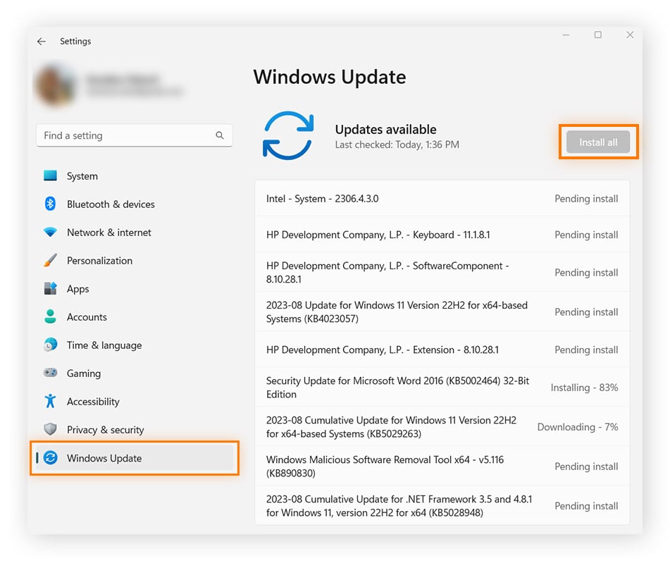 WIndows 11 Settings app, under the WIndows Update tab, showing available updates.