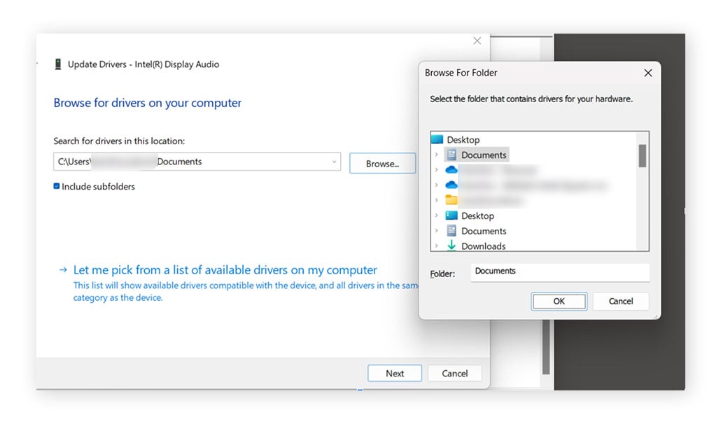 O gerenciador de dispositivos do Windows 11 mostra a opção "procurar drivers no meu computador" no Gerenciador de dispositivos.