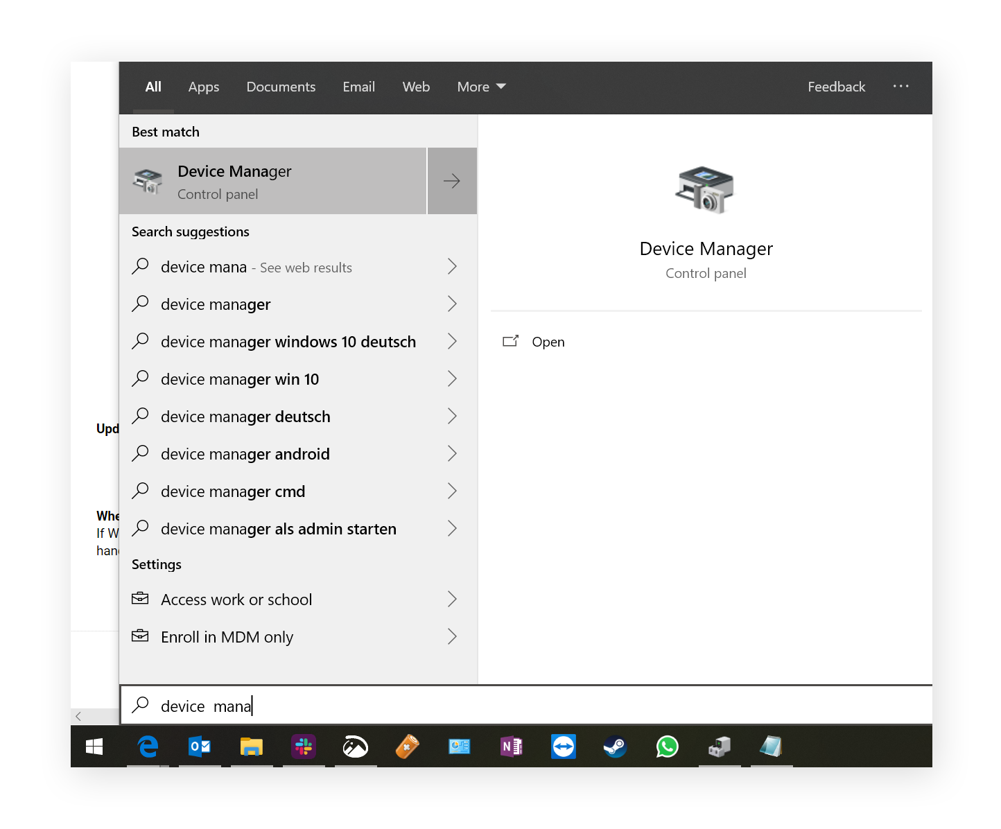Opening Device Manager under Windows 10