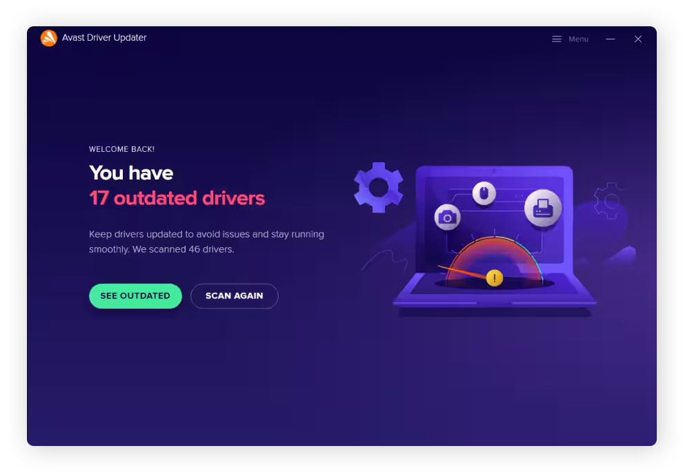 Avast Driver Updater will notify you of outdated drivers.