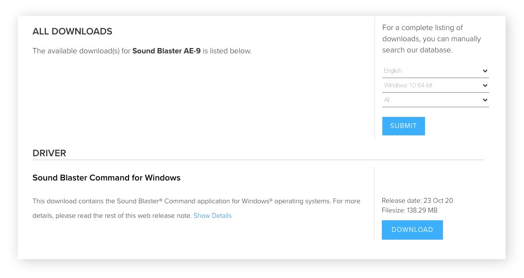 La page d’assistance du site web de Creative Labs, indiquant les pilotes disponibles pour le Sound Blaster AE-9.