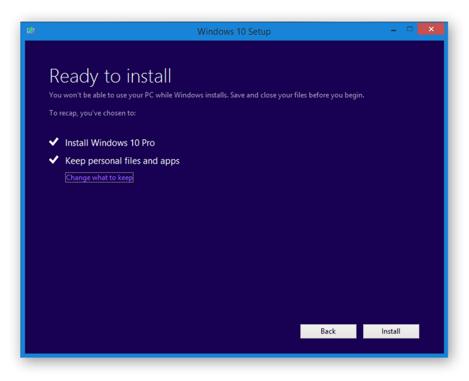 Uma captura de tela do instalador do Windows 10 dizendo “Pronto para instalar”, com um link “Alterar o que deve ser mantido” em destaque.