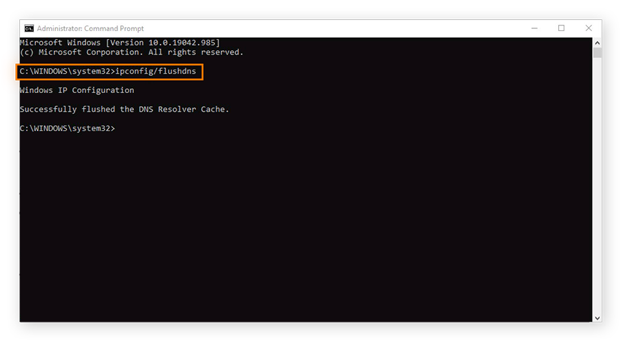 Clearing the DNS cache in the Windows Command Prompt with the ipconfig/flushdns command.