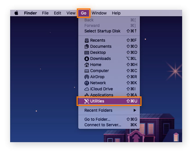 Imagen de la interfaz de usuario que muestra cómo abrir las Utilidades en macOS.