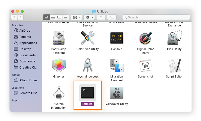 Imagem da IU com a ferramenta de linha de comando Terminal em Utilitários em um macOS.