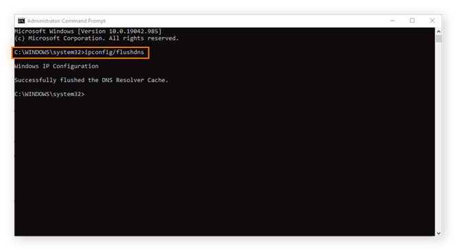 Clearing the DNS cache in the Windows Command Prompt with the ipconfig/flushdns command.