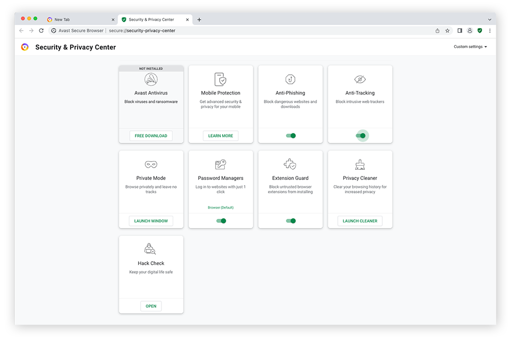 Avast Secure Browser le permite seleccionar con facilidad las características de seguridad y privacidad que necesita para proteger su privacidad en línea.