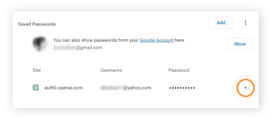 Klicken Sie auf den Pfeil neben dem Passwort, das Sie sehen möchten