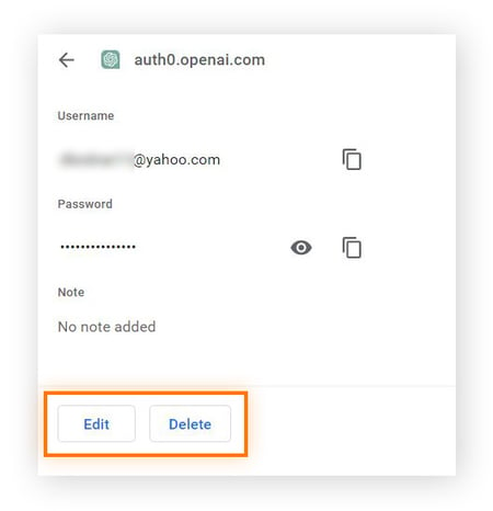 An account password info page with the Edit and Delete buttons highlighted