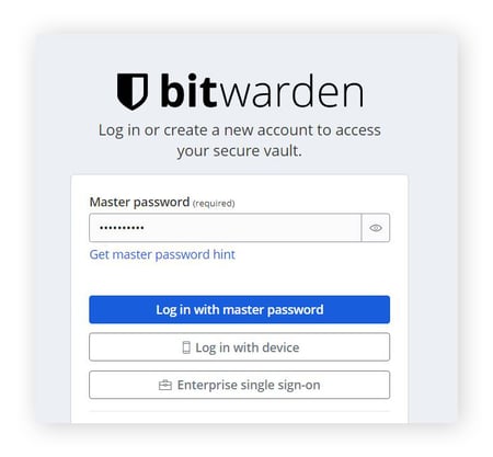 The Bitwarden login page, where you can log in with a master password, a device, or enterprise single sign-on