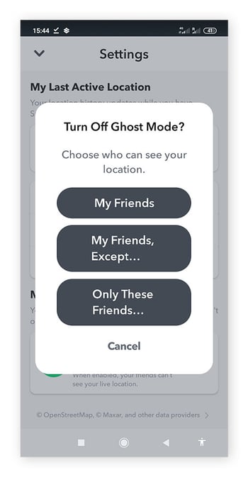 Choosing who can see your location in Snapchat when turning off Ghost Mode