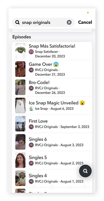 An example of episodes on the Snap Originals screen.