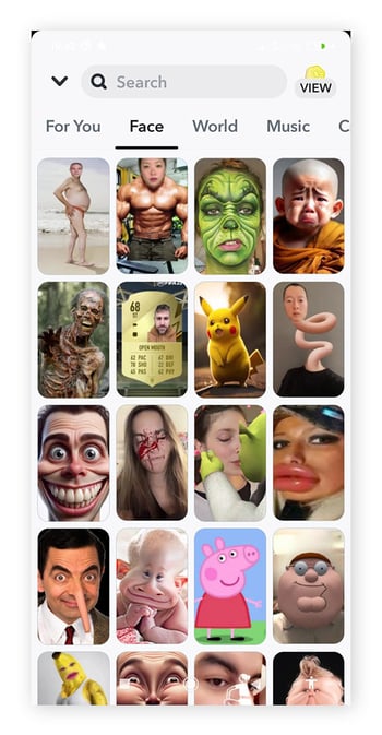 Snapchat-Bildschirm mit Gesichtslinsen