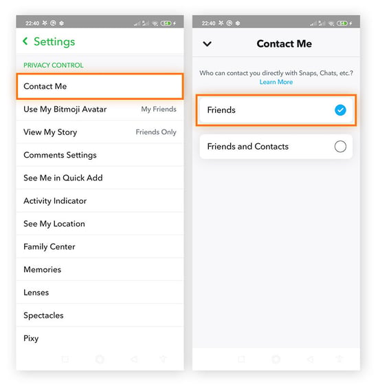  Öffnen der Datenschutzeinstellungen in Snapchat, um die Kontaktaufnahme durch Fremde zu blockieren.