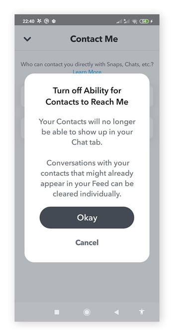 Écran de confirmation pour désactiver la possibilité d’afficher les contacts dans l’onglet Chat de Snapchat