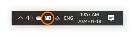 Opening Battery settings from the Windows taskbar.