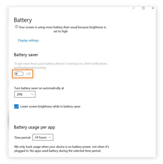 Turning off battery saver in Windows Battery settings.