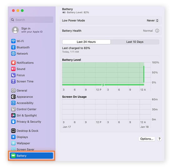  Opening Battery options in Mac system settings.