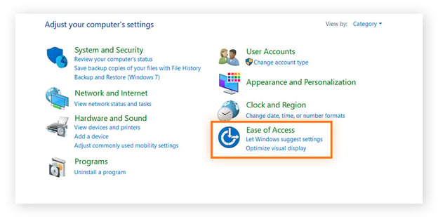 Opening Ease of Access settings in the Control Panel menu on Windows.