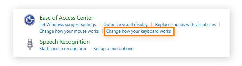 Choosing 'Change how your keyboard works' within Windows Ease of Access settings.