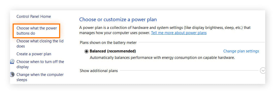 Power settings on Windows 10.