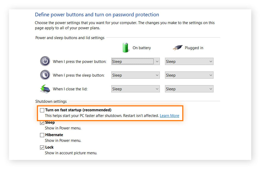 Turning off fast startup in Windows power settings.