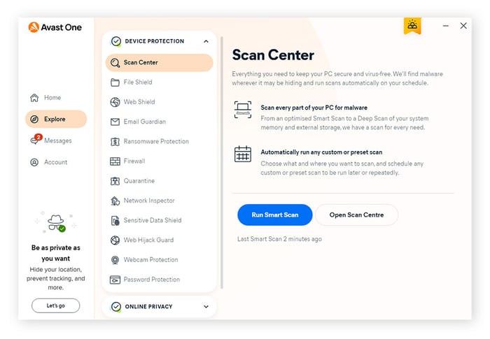 A screenshot of Avast One showing the Scan Center and other device protection features.