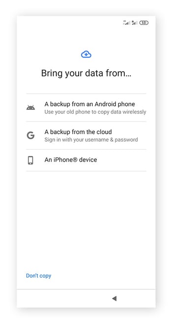 Auswahl eines Speicherorts zum Importieren von Daten nach dem Zurücksetzen auf die Werkseinstellungen auf Android