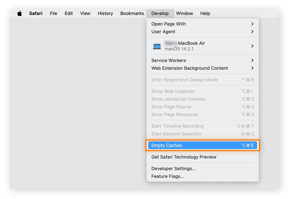 Vidage du cache de Safari via l’onglet Développement dans Safari sous macOS.
