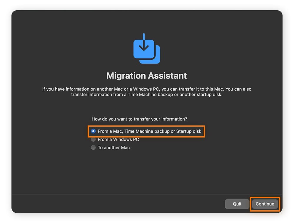 Using Migration Assistant to restore a backup via Time Machine on macOS.