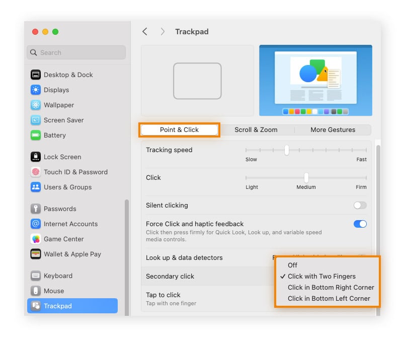  Exibição de como clicar com o botão direito em um notebook Mac, ativando o clique secundário.